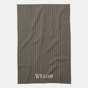 Personalised brown retro pinstripes kitchen towel