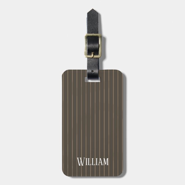 Personalised brown retro pinstripes luggage tag (Front Vertical)