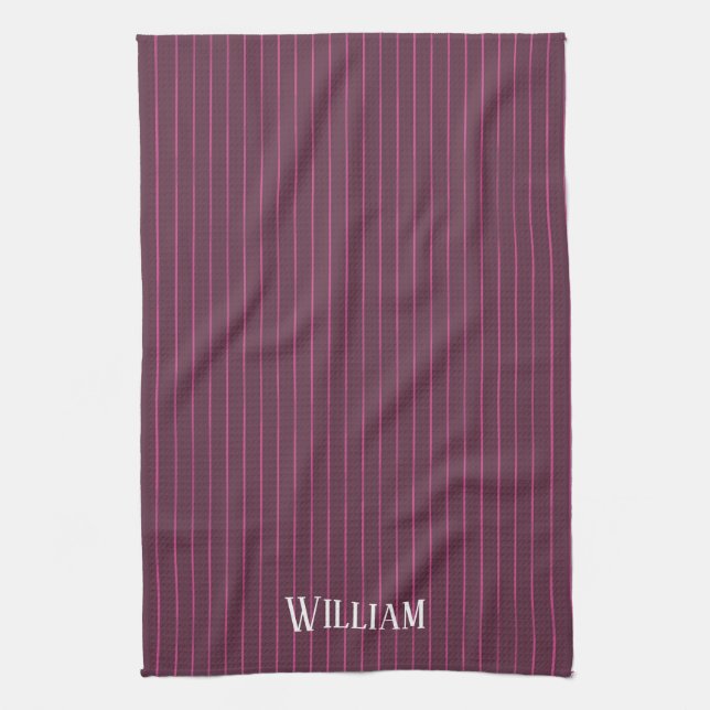 Personalised burgundy pinstripes kitchen towel (Vertical)
