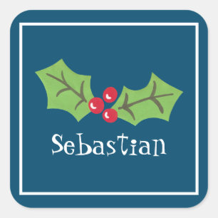Personalised Christmas Holly & Berries  Square Sti Sticker