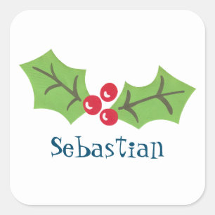 Personalised Christmas Holly & Berries Square Sticker