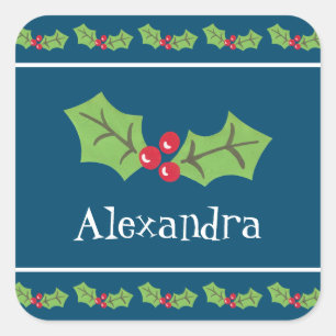 Personalised Christmas Holly & Berries Square Sticker
