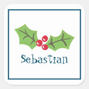 Personalised Christmas Holly & Berries Square Sticker