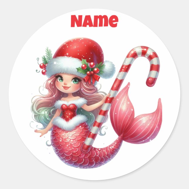 Personalised Christmas Mermaid Circular Sticke Classic Round Sticker (Front)