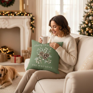 Personalised Christmas Sage Green pine folage Throw Pillow