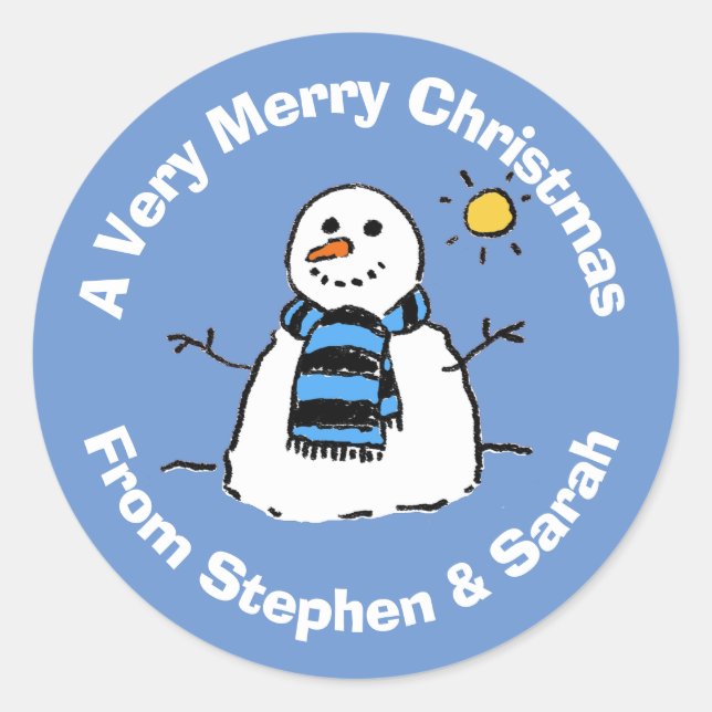 Personalised Christmas Snowman Classic Round Stick Sticker (Front)