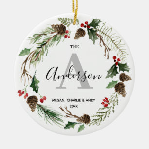 Personalised Christmas Wreath Name Initial Family Ceramic Ornament