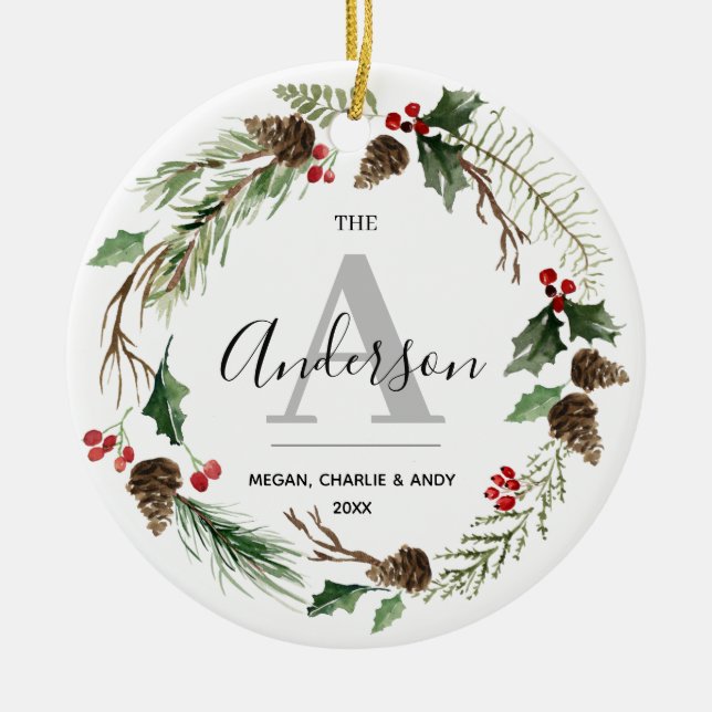 Personalised Christmas Wreath Name Initial Family Ceramic Ornament (Front)