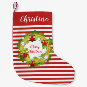 Personalised Christmas Wreath & Red Stripe Pattern Small Christmas Stocking