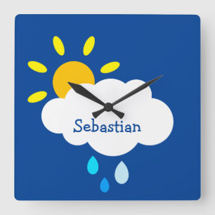 Personalised Cloud and Rain Square Wall Clock