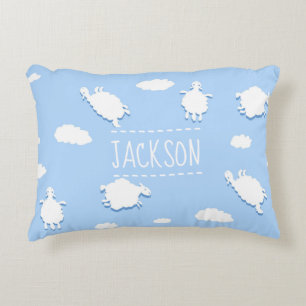 Personalised Clouds and Sheep Pattern Blue Accent Pillow