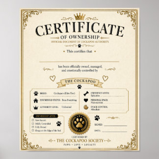 Personalised Cockapoo Owner Certificate Poster
