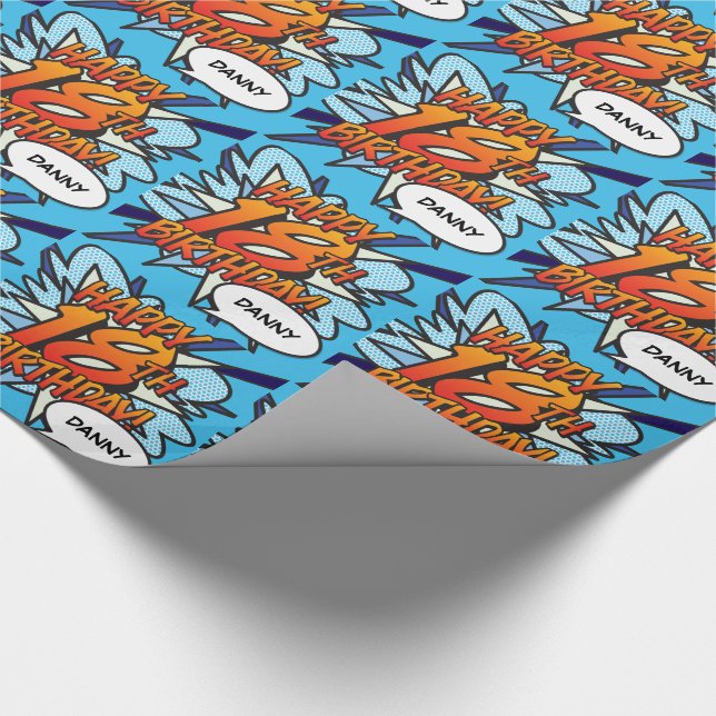 Personalised Comic Book HAPPY 18TH BIRTHDAY blue Wrapping Paper (Corner)