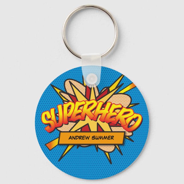 Personalised Comic Book Pop Art SUPERHERO Keychain (Front)
