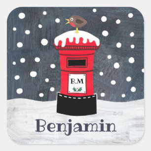 Personalised Cute Christmas Post Box & Robin  Squa Square Sticker