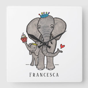 Personalised Cute Elephant and Baby Square Wall Clock