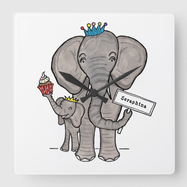 Personalised Cute Elephant and Baby Square Wall Clock (Front)