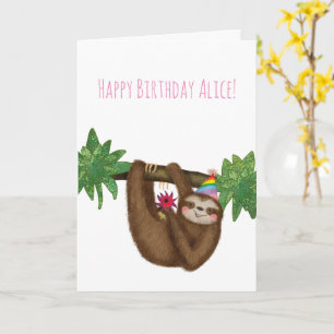 Personalised cute sloth on a branch birthday card