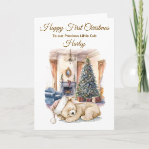 Personalised Cute Watercolour Bear Cub Christmas Holiday Card