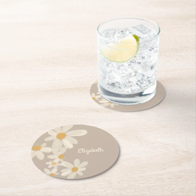 Personalised  Daisy Floral Brown Round Paper Coaster (Insitu)
