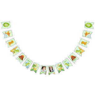 Personalised dinosaur green with 2 photos  bunting flags