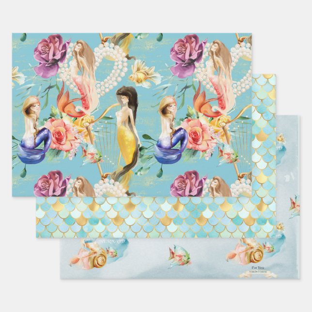 Personalised Dreamy Mermaid & Mermaid scales  Wrapping Paper Sheet (Set)