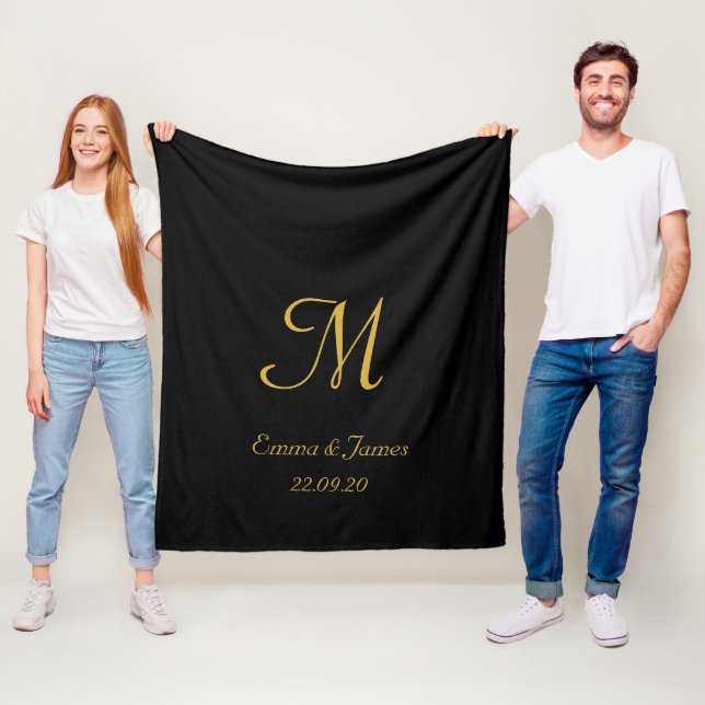 Personalised Elegant Black Gold Monogram Initial   Fleece Blanket (In Situ)