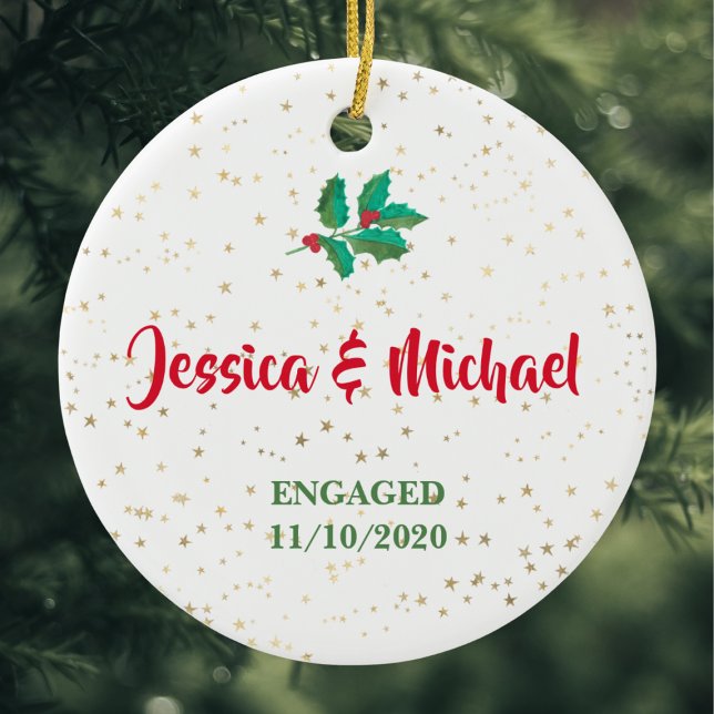 Personalised Engaged Gold Stars Holly Red Green Ceramic Ornament (Creator Uploaded)