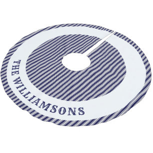 Personalised family name Navy Blue White Striped Brushed Polyester Tree Skirt