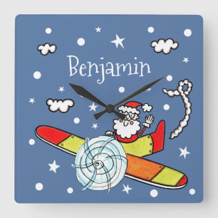 Personalised Father Christmas Santa Claus Airplane Square Wall Clock