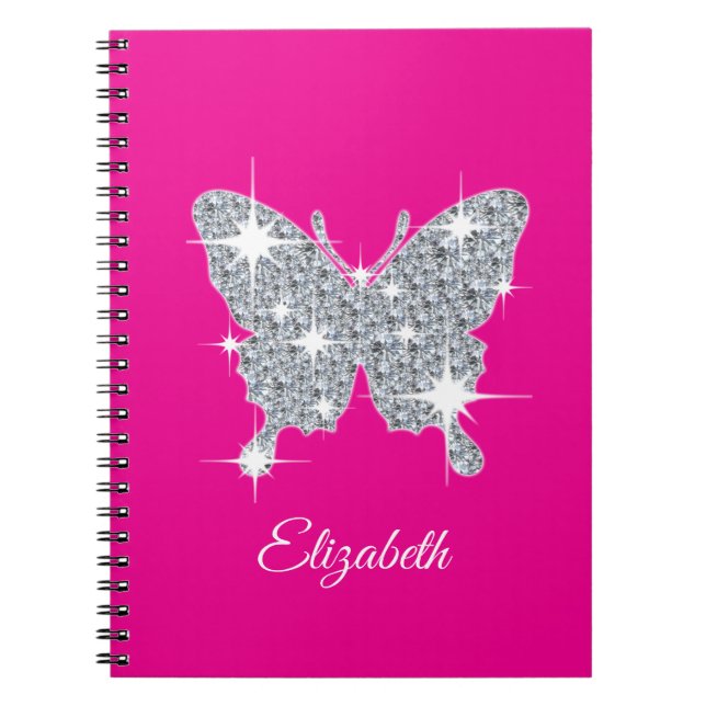 Personalised faux diamond sparkle butterfly  notebook (Front)