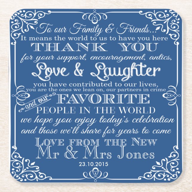 personalised Favour wedding coaster Thank you (Front)