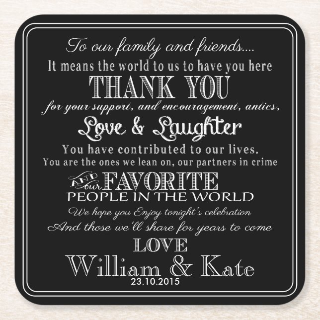 personalised Favour wedding coaster Thank you (Front)
