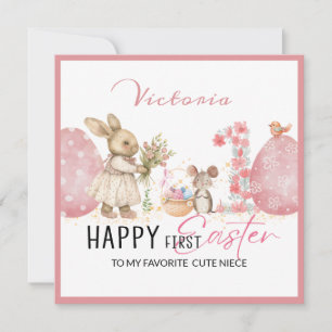 Personalised First Easter Card, Bunny,2 eggs pink Holiday Card