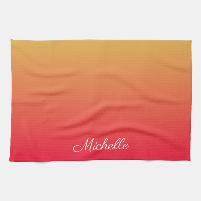 Personalised flame red and yellow ombre kitchen towel (Horizontal)