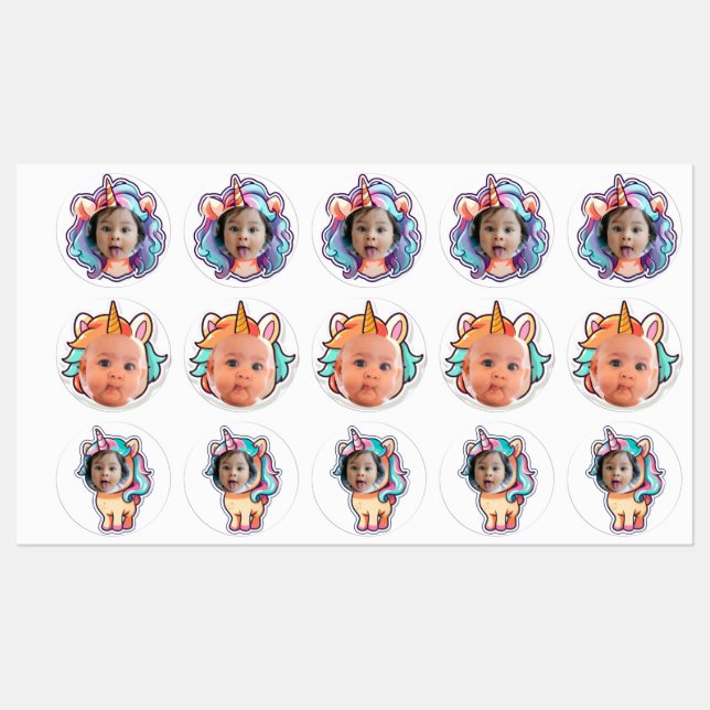 PERSONALISED foto cupcake toppers stickers unicorn (Sheet)