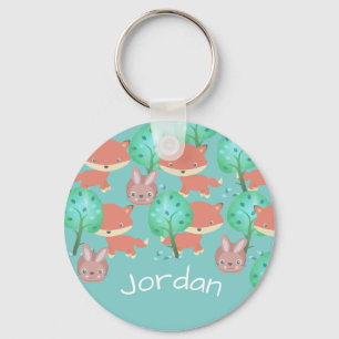 Personalised Fox and Bunny Woodland Pattern Keychain