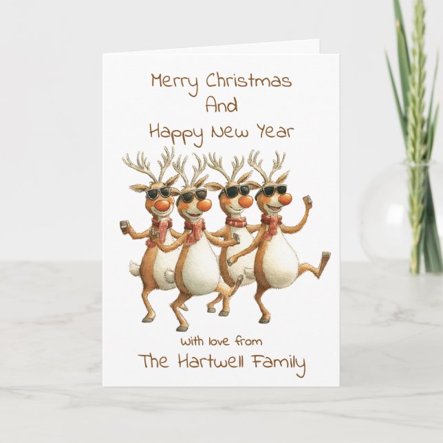Personalised Funny Watercolour Reindeer Family Holiday Card (Front)