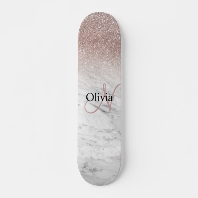 Personalised Girly Rose Gold Glitter Blush Marble  Skateboard (Front)