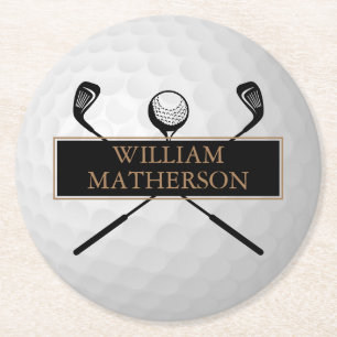 Personalised Gold and Black Golf Ball Classic Round Paper Coaster