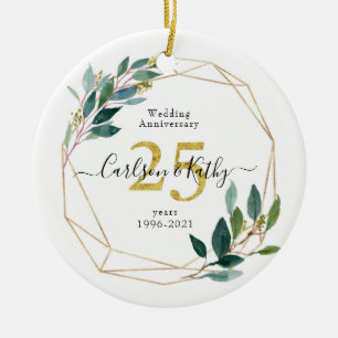 Personalised Gold Greenery 25 Anniversary  Ceramic Ornament