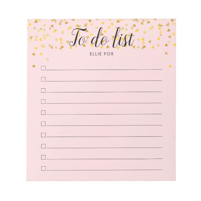 Personalised Gold Hearts Blush Pink To-Do List Notepad (Front)