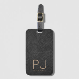 Personalised Gold Monogram Simple Black Leather Luggage Tag