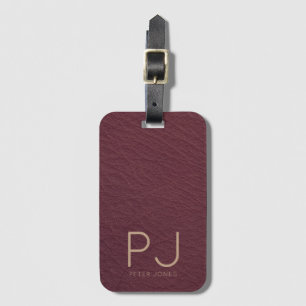 Personalised Gold Monogram Simple Burgundy Leather Luggage Tag