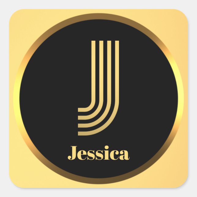 Personalised Gold Monogrammed Letter J Square Sticker (Front)