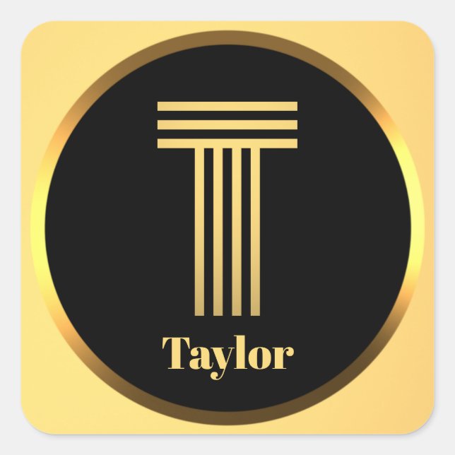 Personalised Gold Monogrammed Letter T Square Sticker (Front)