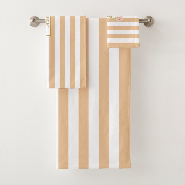 Personalised Gold Peach and White Striped Bath Towel Set (Insitu)