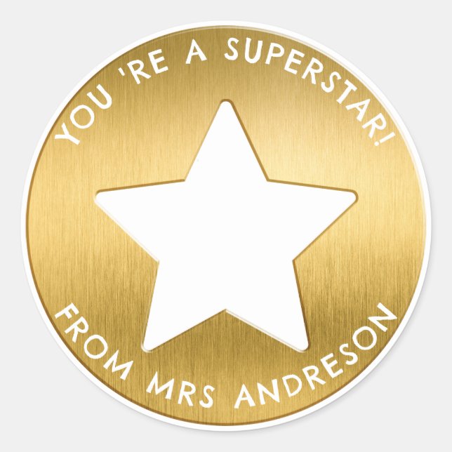 Personalised golden superstar Teacher Reward  Classic Round Sticker (Front)