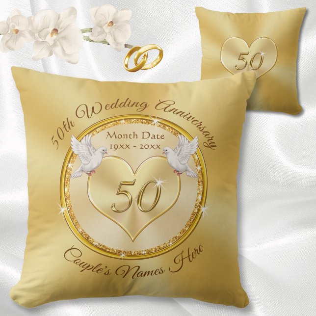Personalised Golden Wedding Anniversary Gifts, Throw Pillow (Golden wedding anniversary gift ideas. Pretty Love Birds over over 50th anniversary pillows, Heart.)