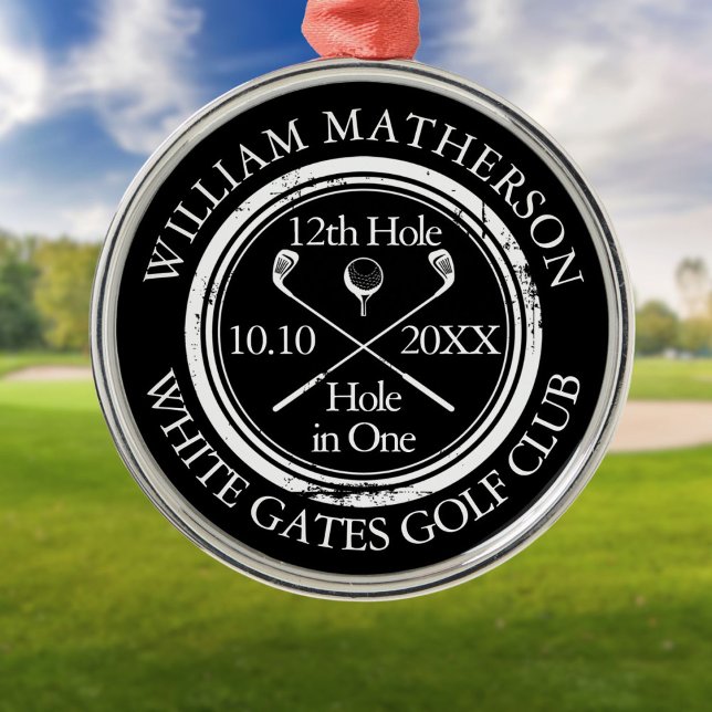 Personalised Golf Hole in One Black And White Metal Ornament (Personalized Golf Hole in One Black And White Metal Ornament)